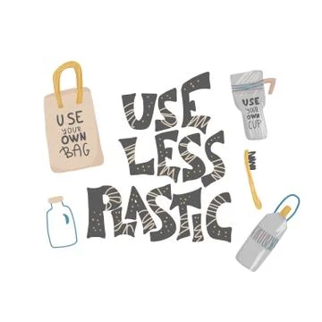 Use less plastic concept. Quote with  eco lifestyle elements in flat style is 스톡 일러스트