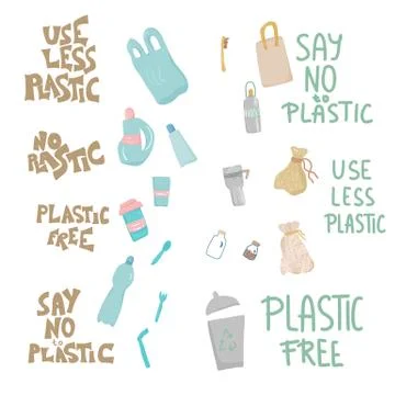 Use less plastic design elements set in flat style. Quotes with eco lifestyle イラスト素材