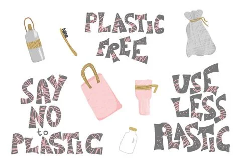 Use less plastic design elements set in flat style. Quotes with eco lifestyle Illustrazione stock