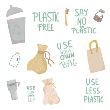 Use less plastic design elements set in flat style. Quotes with eco lifestyle イラスト素材