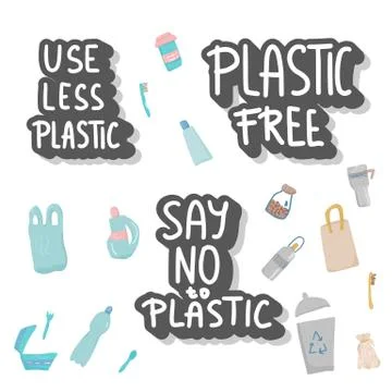 Use less plastic design elements set in flat style. Quotes with eco lifestyle Stock Illustration
