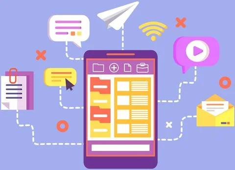 Use of mobile applications, communication and different features of your phone Illustrazione stock