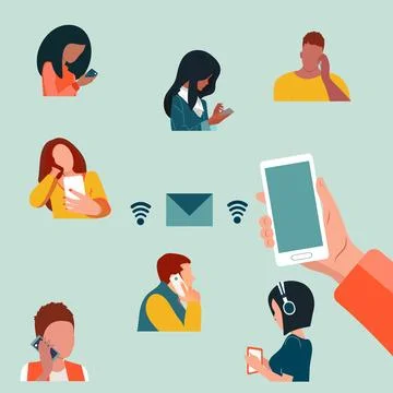 Use smartphone to communicate around the world. Smartphone functions and grea Stock Illustration