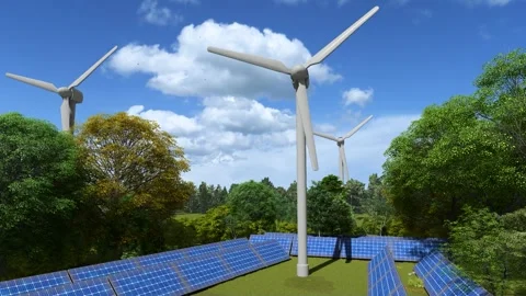 Use Of Solar Panels And Wind Turbines, Green Energy Save Environment Stock Footage 274174726