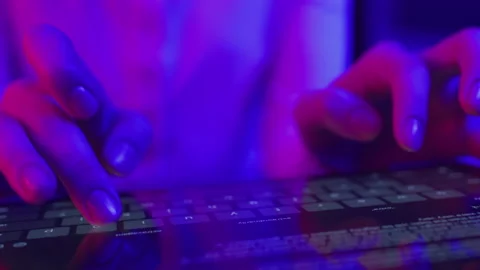 Use of tablet pc in shining neon light. Creative vivid color of ultraviolet red Stock Footage 199483047