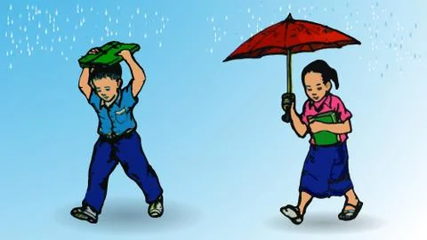 Use umbrella when raining,don't use your bag or clothes flat vector image Illustrazione stock