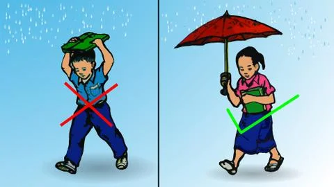 Use umbrella when raining,don't use your bag or clothes flat vector image Illustrazione stock