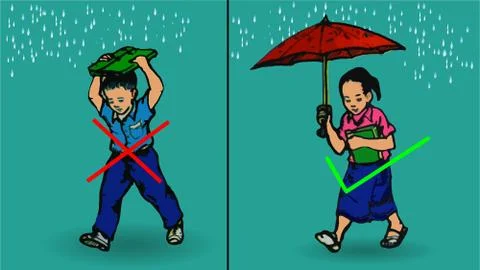 Use umbrella when raining,don't use your bag or clothes flat vector image Stock Illustration