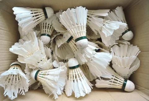 Used badminton shuttlecocks Foto stock