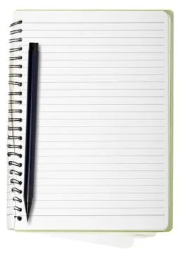 Used blank note book with ring binder and japanese brush pen, isolated on whi Stock Photos