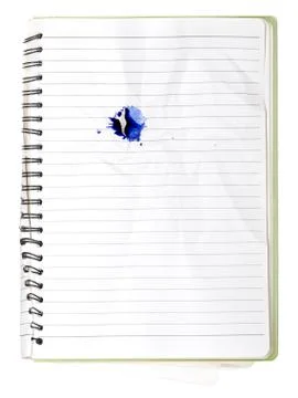 Used blank note book with ring binder and inkblot isolated on white Stock Photos