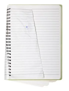 Used blank note book with ring binder and tattered page isolated on white Stock Photos
