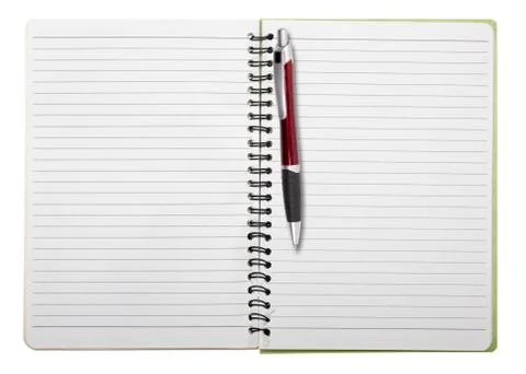 Used blank note book with ring binder and ball pen, isolated on white Stock Photos