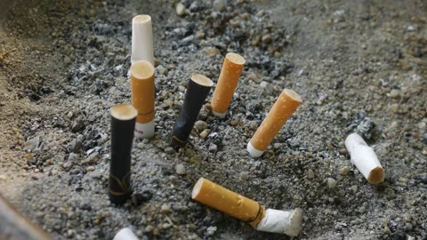 Used Cigarette Butts in Ashtray with Sand Stock Footage 327831713