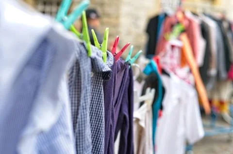 Used cloting on a leash Stock Photos