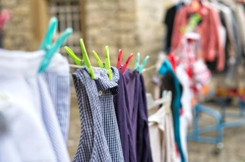 Used cloting on a leash Stock Photos