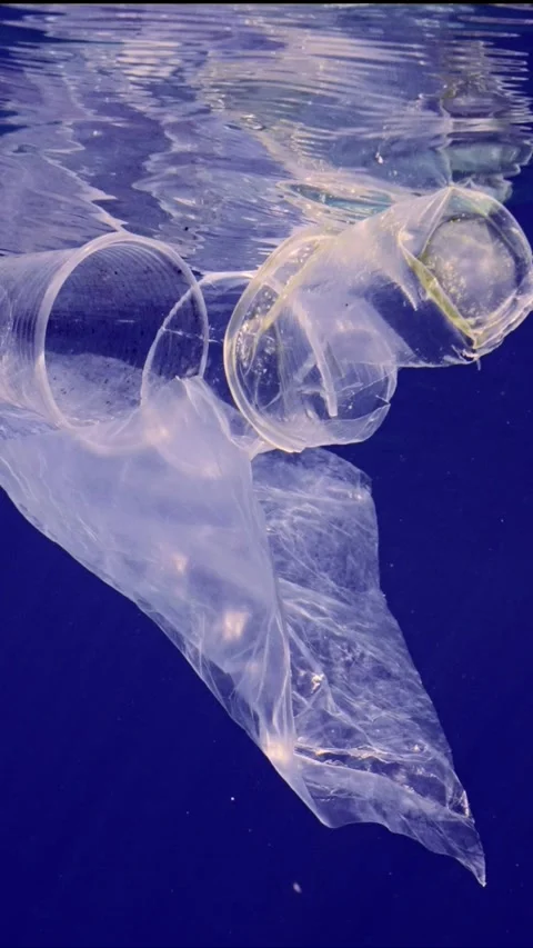 Used disposable plastic cups and bags floating under surface on blue water on Stock Footage 246122840