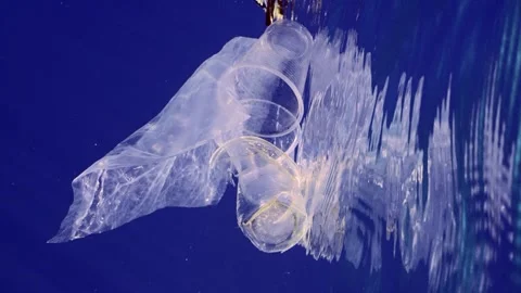 Used disposable plastic cups and bags floating under surface on blue water on Stock Footage 247620980
