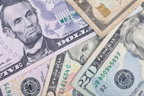 Used dollar bills background. Stock Photos