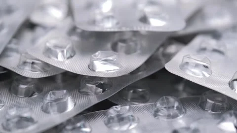 Used empty blisters from tablets slowly rotate. closeup. selective focus. Video stock 247171268