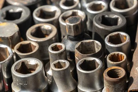 Used female socket tools set for car repair. Stock Photos