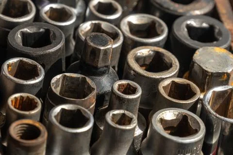 Used female socket tools set for car repair. Stock Photos