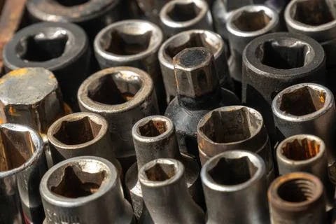 Used female socket tools set for car repair. Stock Photos