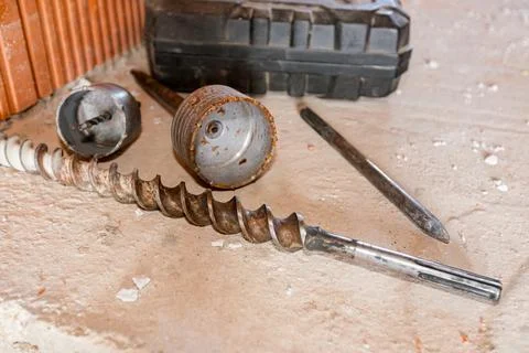 Used few inserts of various drilling diameters, saw drill Stock Photos