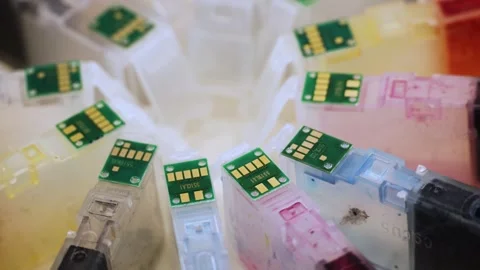 Used inkjet printer cartridges electronic chip close-up Stock Footage 323034752