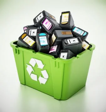 Used inkjet printer cartridges inside green recycle box. 3D illustration Illustrazione stock