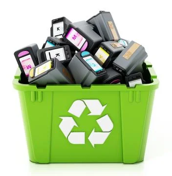 Used inkjet printer cartridges inside green recycle box. 3D illustration Stock Illustration