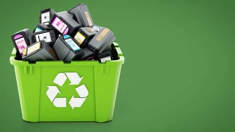 Used inkjet printer cartridges inside green recycle box. 3D illustration Illustrazione stock