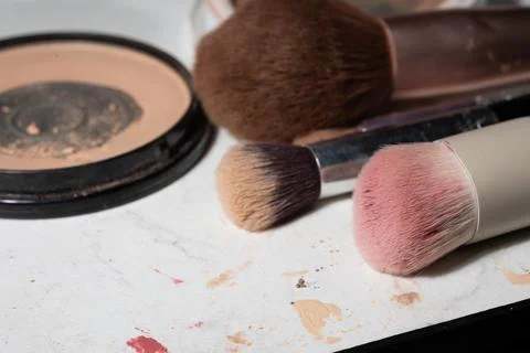 Used Makeup Tools and Dusty Powder: Real-Use Shelf Life and Hygiene Imagery Photos