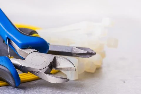 Used manual tools for electrical installation Stock Photos