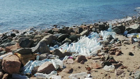 Used plastic bottles lying on seashore near stones Video stock 176345084