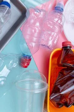 Used plastic, crumpled empty bottles, packets, dish, container pollution garb 스톡 사진