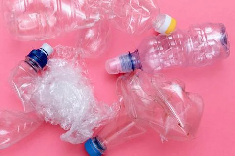 Used plastic, crumpled empty bottles, packets, pollution garbage recycle eco  Stock Photos