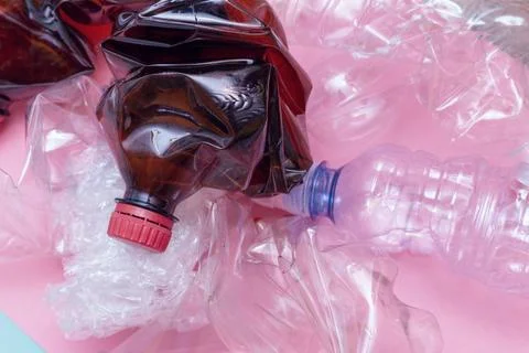 Used plastic, crumpled empty bottles, packets, pollution garbage recycle eco  Stock Photos