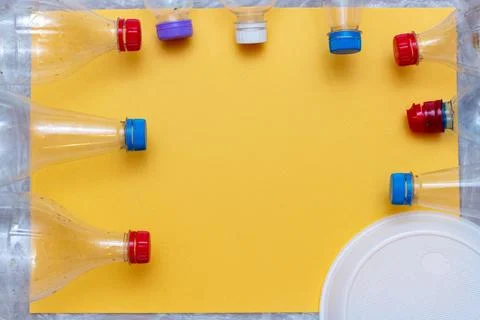 Used plastic, crumpled empty bottles, packets, dish, container pollution garb Stock Photos