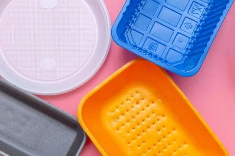 Used plastic, crumpled empty dish, container pollution garbage recycle eco co Stock Photos