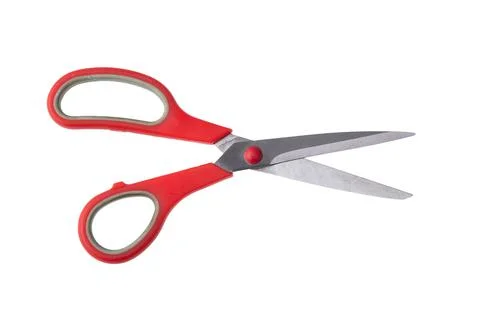Used red scissors on white background Foto stock