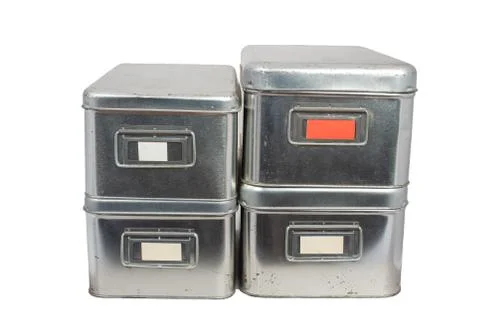 Used, Stainless  storage boxes Stock Photos