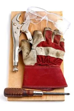 Used tools on wood surface Foto stock