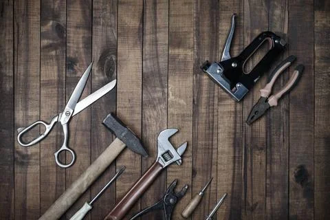Used work tools Used work tools on wooden background. Top view. Flat lay. ... 스톡 사진
