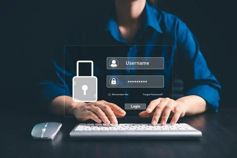 User accesses secure internet system through advanced high technology, user.. Stock Photos