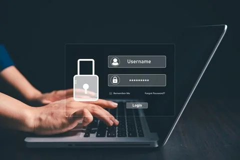 User accesses secure internet system through advanced high technology, user.. 库存照片
