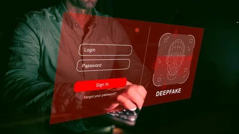 User accessing deepfake technology login screen at night 스톡 사진