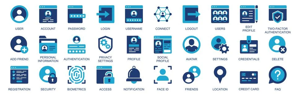 User account icon set in flat duotone solid icons web design. Pack pictograms Illustrazione stock