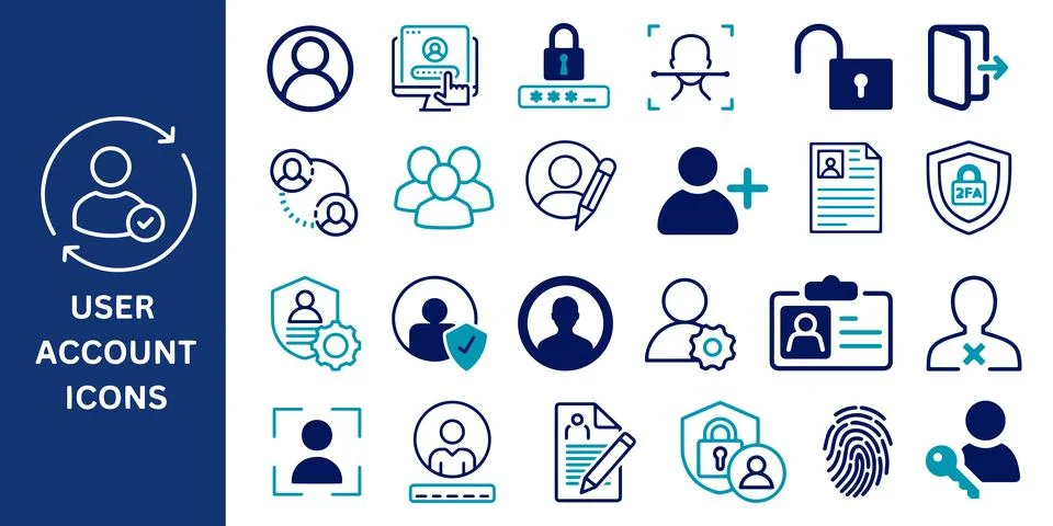 User Account Icon Set. User, account, security, profile, password, login. Stock Illustration