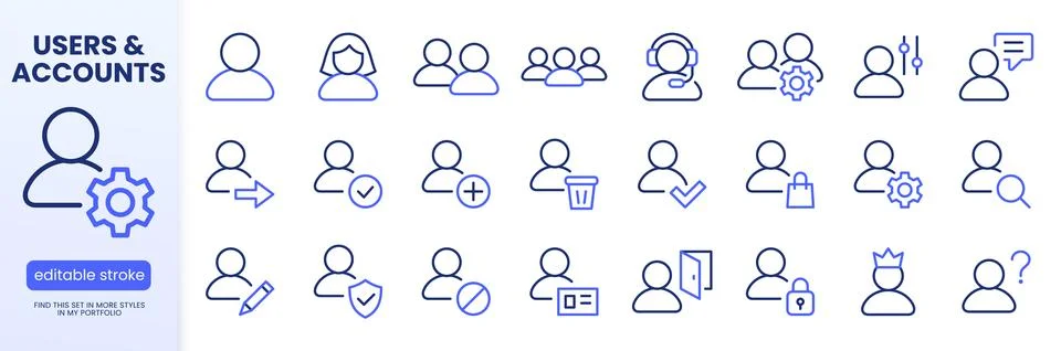 User account line icon set. Profile, login, admin, settings, security minimal Stock Illustration